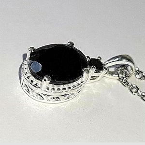 Thai Black Spinel & Cubic Zirconia Pendant w/Sterling Setting & Stainless Chain